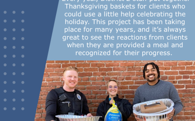 Graphic summarizes article and shows thee officers holding baskets