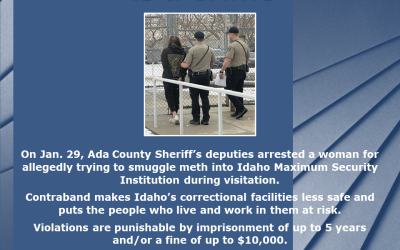 graphic has text from article, photo of two deputies with woman 